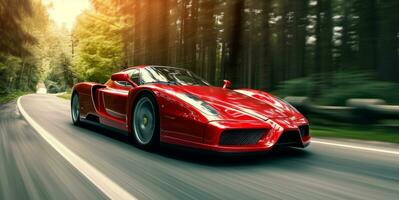 AI generated a red sports car is driving down a road photo