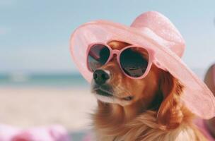 AI generated a dog wearing a pink hat and sunglasses on a beach photo