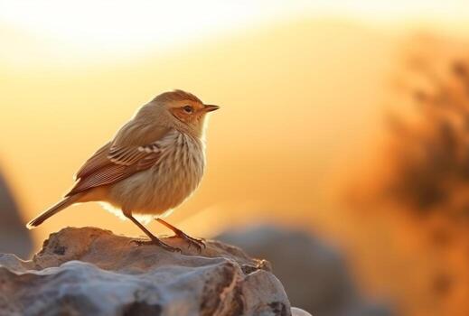 AI generated a small bird stands on a rock at sunset photo