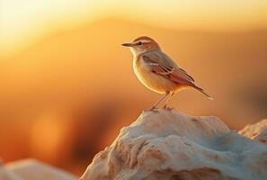 ai generado un pequeño pájaro soportes en un rock a puesta de sol foto