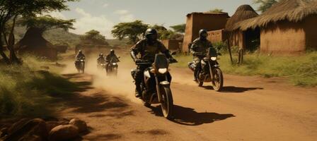 AI generated a group of motorcycle riders riding down a dirt road photo