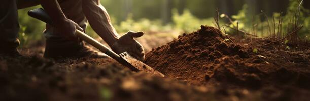 AI generated a hand digging into a ground is in focus at the edge of a clearing photo