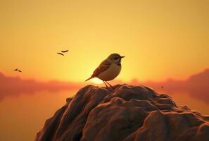 AI generated a miniature brown bird sits on the rock at sunset photo