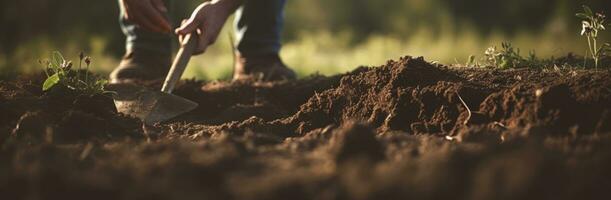 AI generated a hand digging into a ground is in focus at the edge of a clearing photo