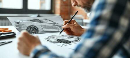 ai generado un hombre dibujo un coche en papel foto