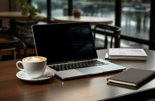 ai generado un ordenador portátil es conjunto en un mesa siguiente a café y otro esencial artículos foto