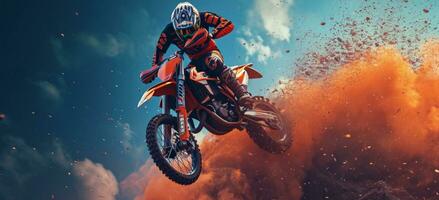 ai generado un motocross jinete soplo aire mientras haciendo acrobacias en el aire foto