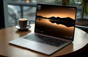 ai generado un ordenador portátil es conjunto en un mesa siguiente a café y otro esencial artículos foto