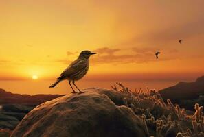 AI generated a miniature brown bird sits on the rock at sunset photo