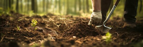 AI generated a hand digging into a ground is in focus at the edge of a clearing photo