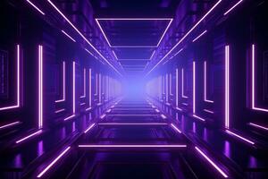AI generated a long hallway with bright neon light and purple photo