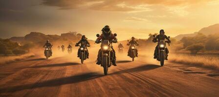 AI generated a group of motorcycle riders riding down a dirt road photo