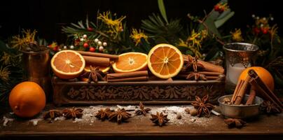 AI generated a tray with oranges, cinnamon and stars photo