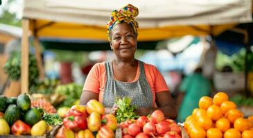 ai generado un mujer de venta frutas y vegetales a un al aire libre mercado foto