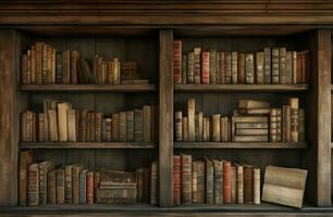 AI generated an example of the shelf above and below bookcases in an old library photo