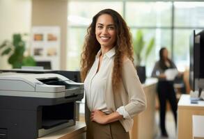 AI generated beautiful office employee in front of printer photo