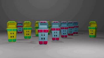 3D trash cans robot dancing animation video