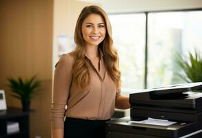 AI generated beautiful office employee in front of printer photo