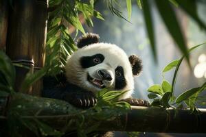 AI generated clinging panda eating bamboo photo