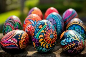 AI generated colorful eggs with designs on the shells photo