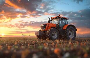 ai generado un naranja tractor es conducción mediante un campo a puesta de sol foto