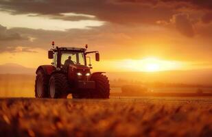 ai generado un tractor es conducción en el campo a puesta de sol foto