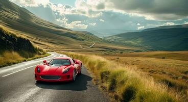 ai generado un imagen de un rojo Deportes coche en un escénico país la carretera foto