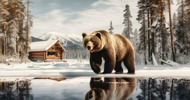 AI generated an image of a bear walking next to a log cabin photo