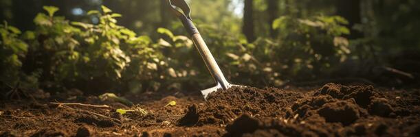 AI generated an antique digging shovel is hidden in the dirt photo