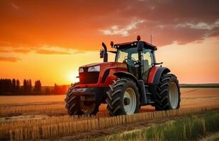 ai generado un naranja tractor es conducción mediante un campo a puesta de sol foto