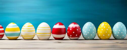 AI generated colorful easter eggs lined up on a wooden table photo