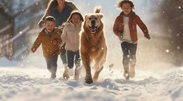 ai generado familia y perros corriendo mediante el nieve foto