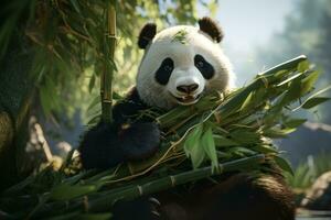 ai generado pegajoso panda comiendo bambú foto