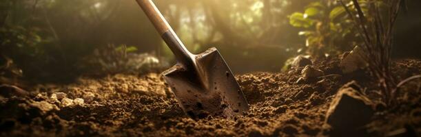 AI generated an antique digging shovel is hidden in the dirt photo