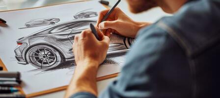 ai generado un hombre dibujo un coche en papel foto