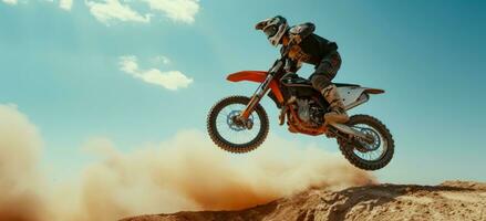 AI generated a motorcyclist doing stunts while on his dirt bike photo