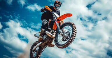AI generated a man riding a dirt bike is taking a leap photo