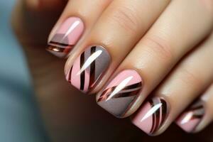 AI generated close up of beautiful nail with pink and brown designs photo