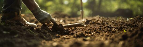 AI generated a hand digging into a ground is in focus at the edge of a clearing photo