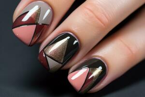 AI generated close up of beautiful nail with pink and brown designs photo