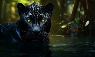 AI generated a majestic black panther in the water photo