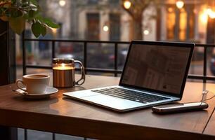 AI generated a laptop is set on a table next to coffee and other essential items photo
