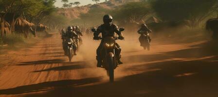 ai generado un grupo de motocicleta jinetes montando abajo un suciedad la carretera foto