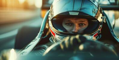 ai generado un joven hombre es montando su carrera coche foto