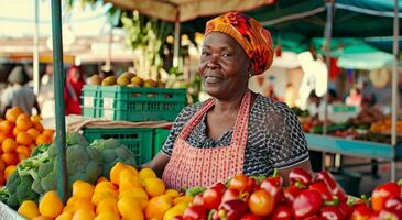ai generado un mujer de venta frutas y vegetales a un al aire libre mercado foto