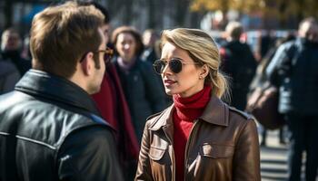 ai generado un mujer vistiendo Gafas de sol negociaciones con un reportero preparando a hablar con político foto