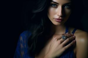 ai generado un mujer vistiendo un profundo azul vestido con un hermosa azul anillo con un diamante conjunto foto