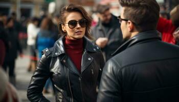 ai generado un mujer vistiendo Gafas de sol negociaciones con un reportero preparando a hablar con político foto