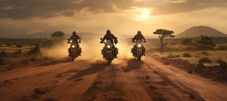 AI generated four motorcycles on a dirt road photo