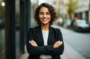 ai generado un joven negocio mujer sonrisas en frente de un oficina edificio con su brazos cruzado foto